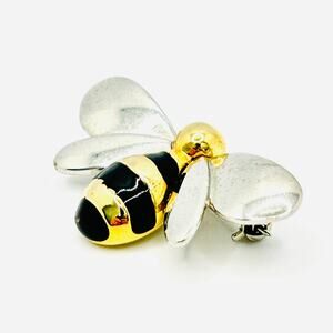 Vintage 90s Liz Claiborne Small Gold Silver Black Enamel Bee Brooch Pin